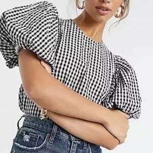 VERO MODA Aware Puff Sleeves Blouse - Black Gingham - Small